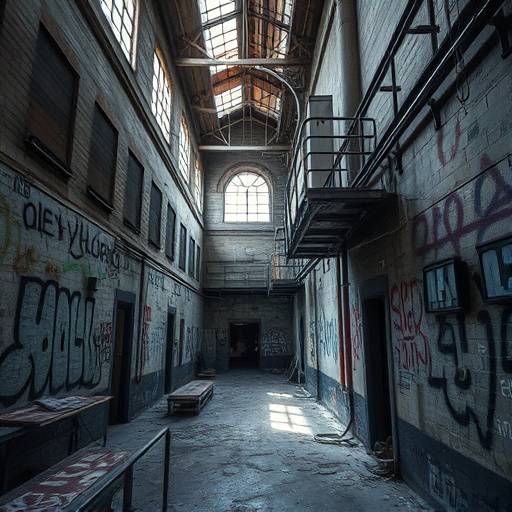 Detail shot of Abandoned Factory with graffiti covered walls