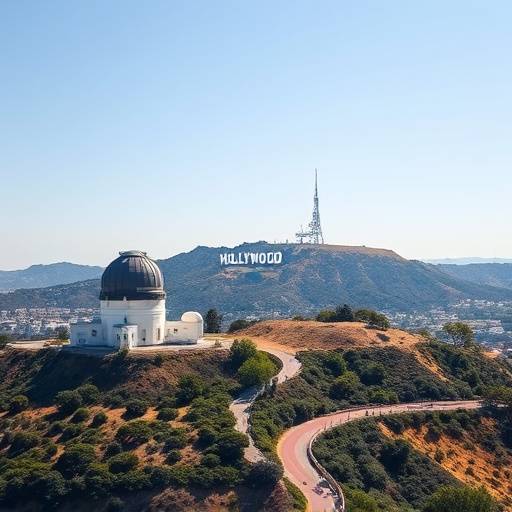 Detail shot of Griffith Observatory with the Hollywood sign in the background