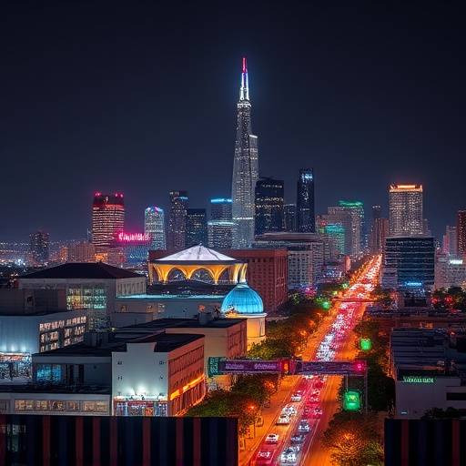 Downtown Los Angeles skyline at night, featuring illuminated skyscrapers and bustling city streets.