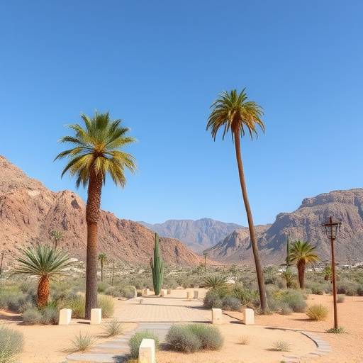 Secluded desert oasis in the Mojave Desert, featuring palm trees, a natural spring, and rugged terrain.